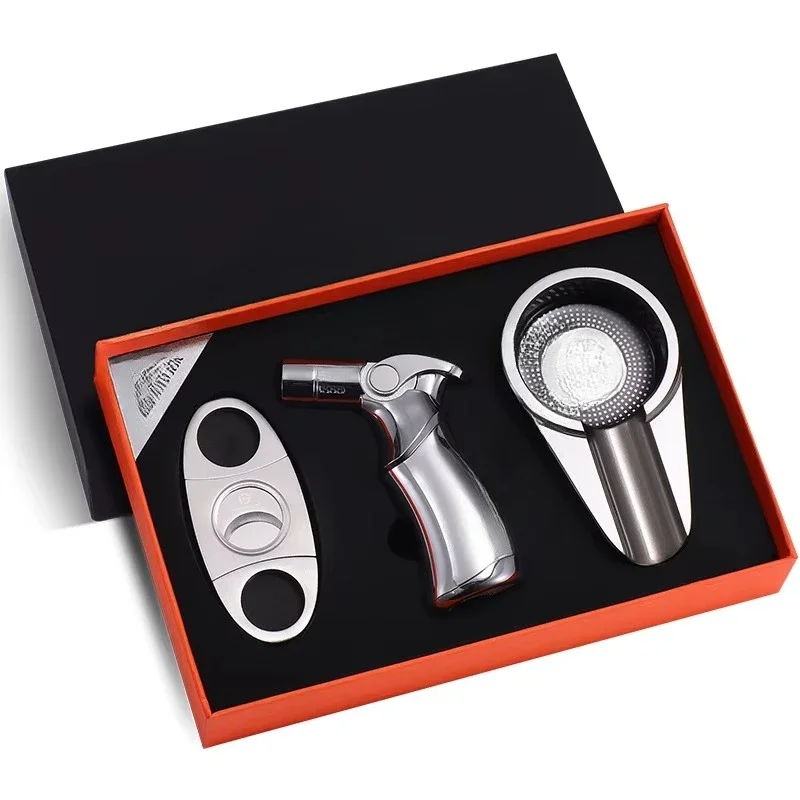 

Deluxe Metal Cigar Accessories Ashtray Cutter and Lighter Set Portable Set with Gift Box