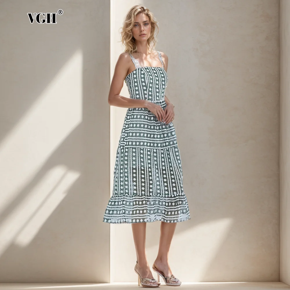 

VGH Sweet Patchwork Mesh Dresses For Women Square Collar Sleeveless High Wiast Hit Color Casual A Line Dress Female Fashion New