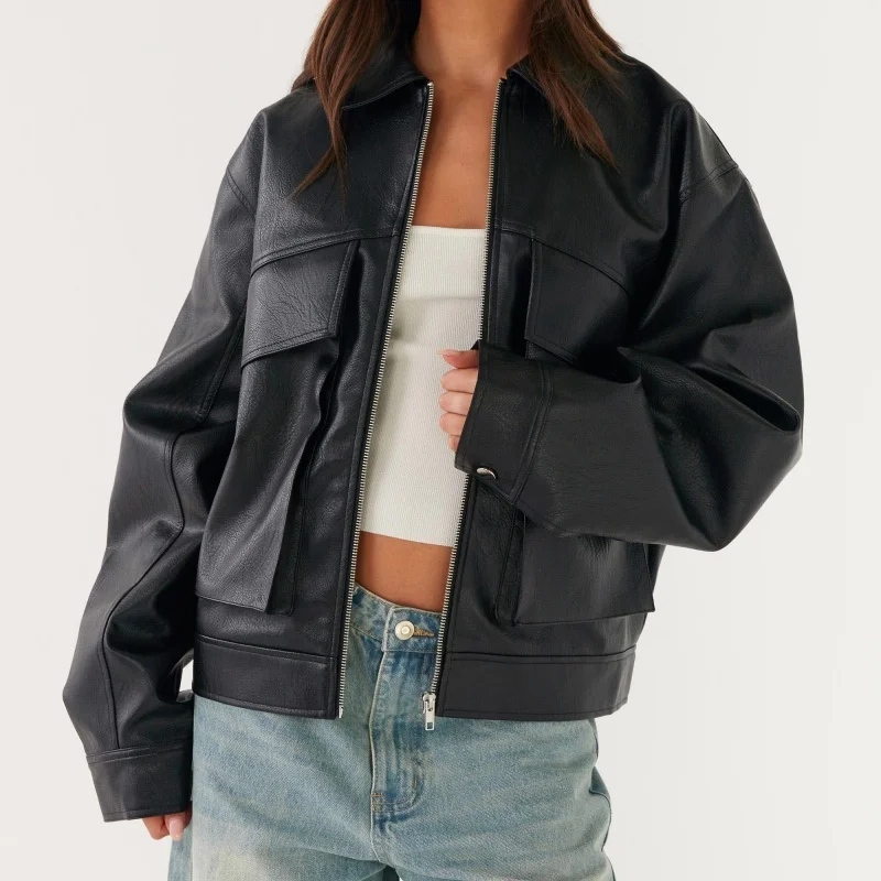 

Vintage Faux Leather Motorcycle Jacket Black PU Coat Casual Solid Color Long Sleeve Zipper Cardigan Outwear Streetwear