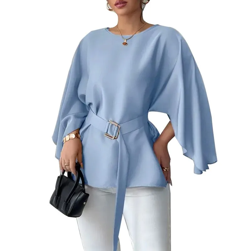 Half Sleeve Slim Fit Shirt Regular Length Commuter Chic with Round Neck Slight Stretch Mid Sleeve Summer Pullover Women Shirts 2