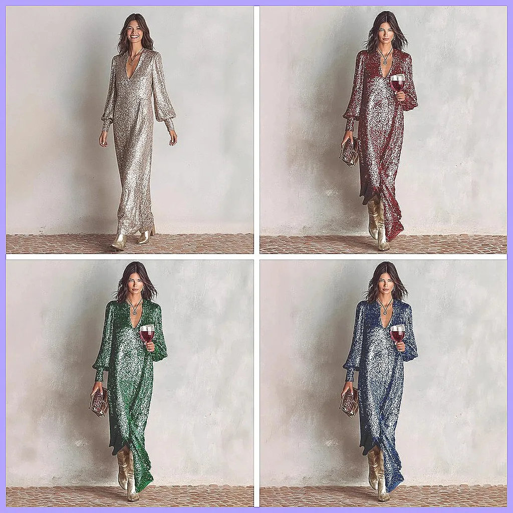 

Elegant V-Neck Sequin Evening Dress for Women, Sexy Loose Party Gown for Dinner & Events