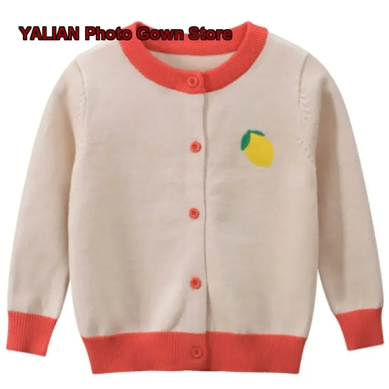 Little Girls Pink Pure Cotton Class A Fruit Print Spring Autumn Knit Girls Stylish Candy Color Jacket