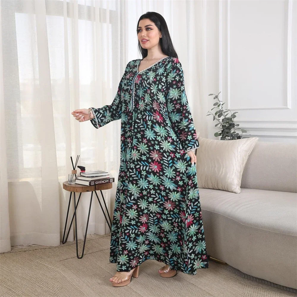 2022 Nieuwe Diamanten Print Abaya Voor Vrouwen Moslim Jurk Turkije Dubai Kaftan Caftan Marocain Vrouwen Mannen Mannen Jurk Jurk Gewaad
