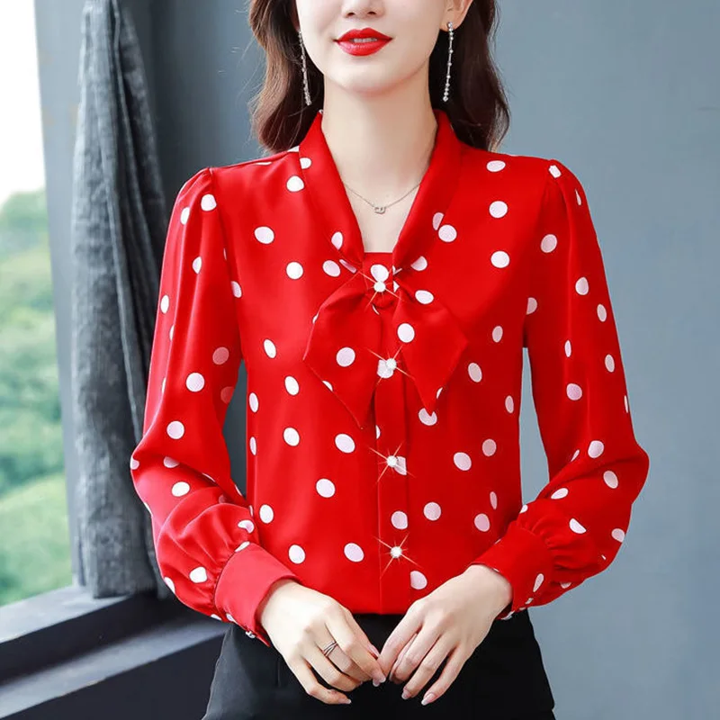 Summer Fashion Polka Dot Long Sleeve V-neck Chiffon Blouse Ladies 2024 New Spring Printing Office Lady Bow Buttons Women Shirts