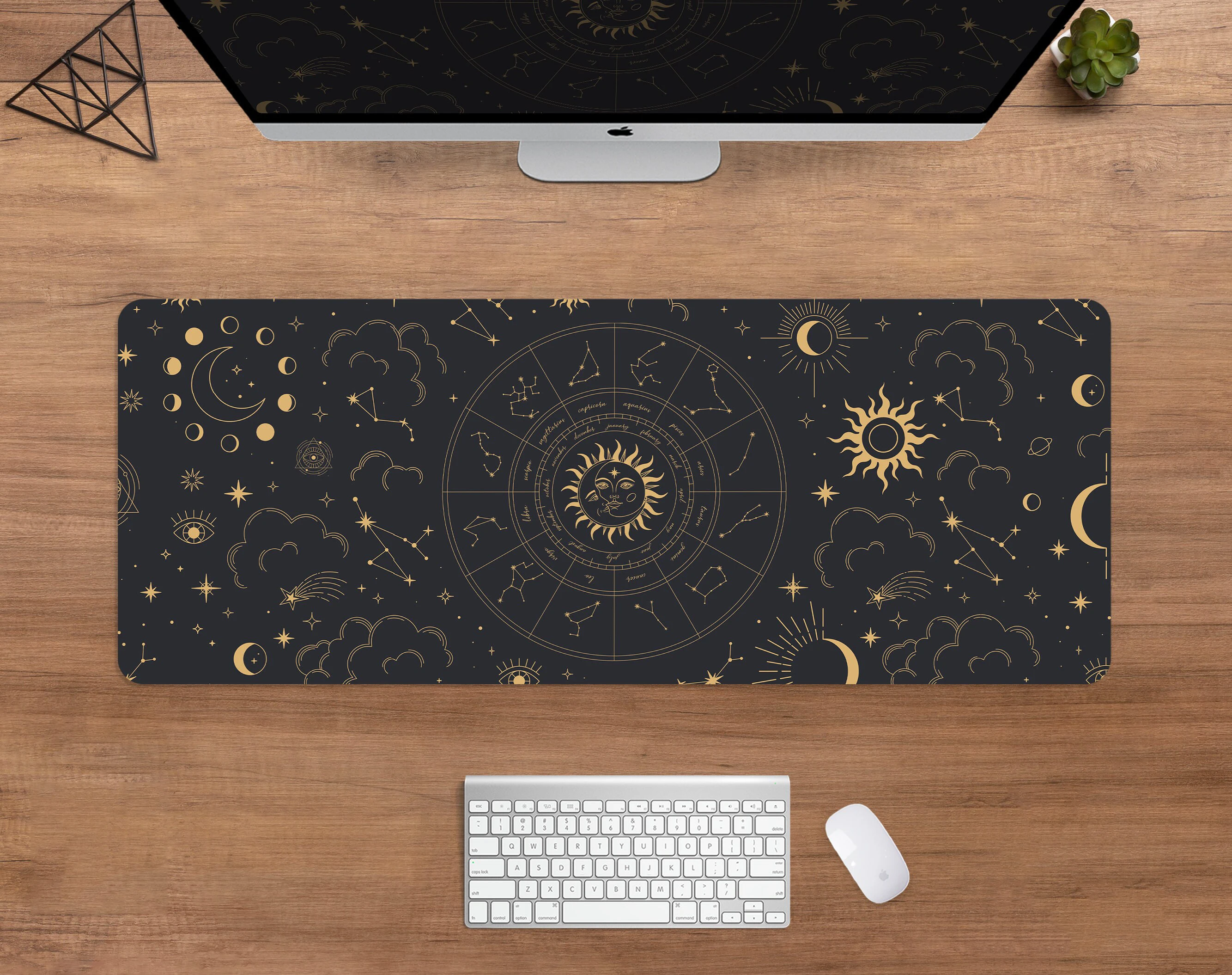 Constellation Desk Mat Astrology Mousepad Gold Black Zodiac Wheel Space Galaxy Stars Moon XXL Large Astrology Gaming Mouse Pad