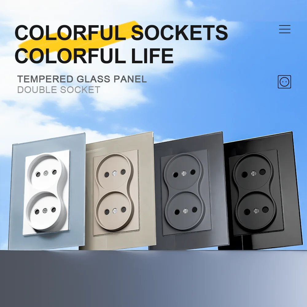 

European standard double Russian socket 86 * 86mm 16A 250V wall socket Tempered glass panel double flat plug wall socket with CE