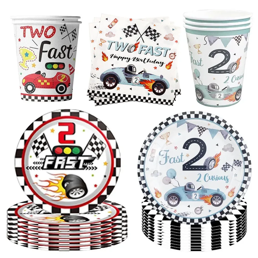 Boy Two Fast Years Old Racing Car Party Supplies Disposable Paper Dessert Plates Tableware Napkins Cup Birthday Party Decoration