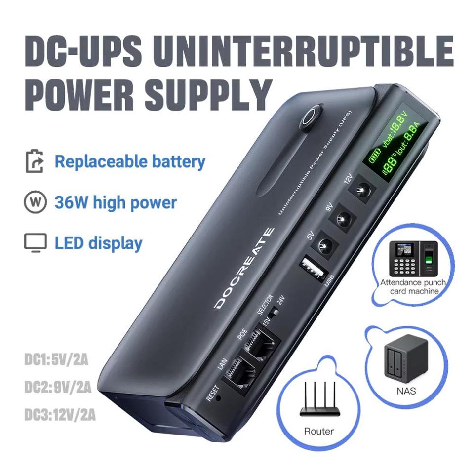  DC UPS Uninterruptible Power Supply System 5V-24V Output 4x18650 Replaceable Battery for Router NAS Modem and Security Monitor 