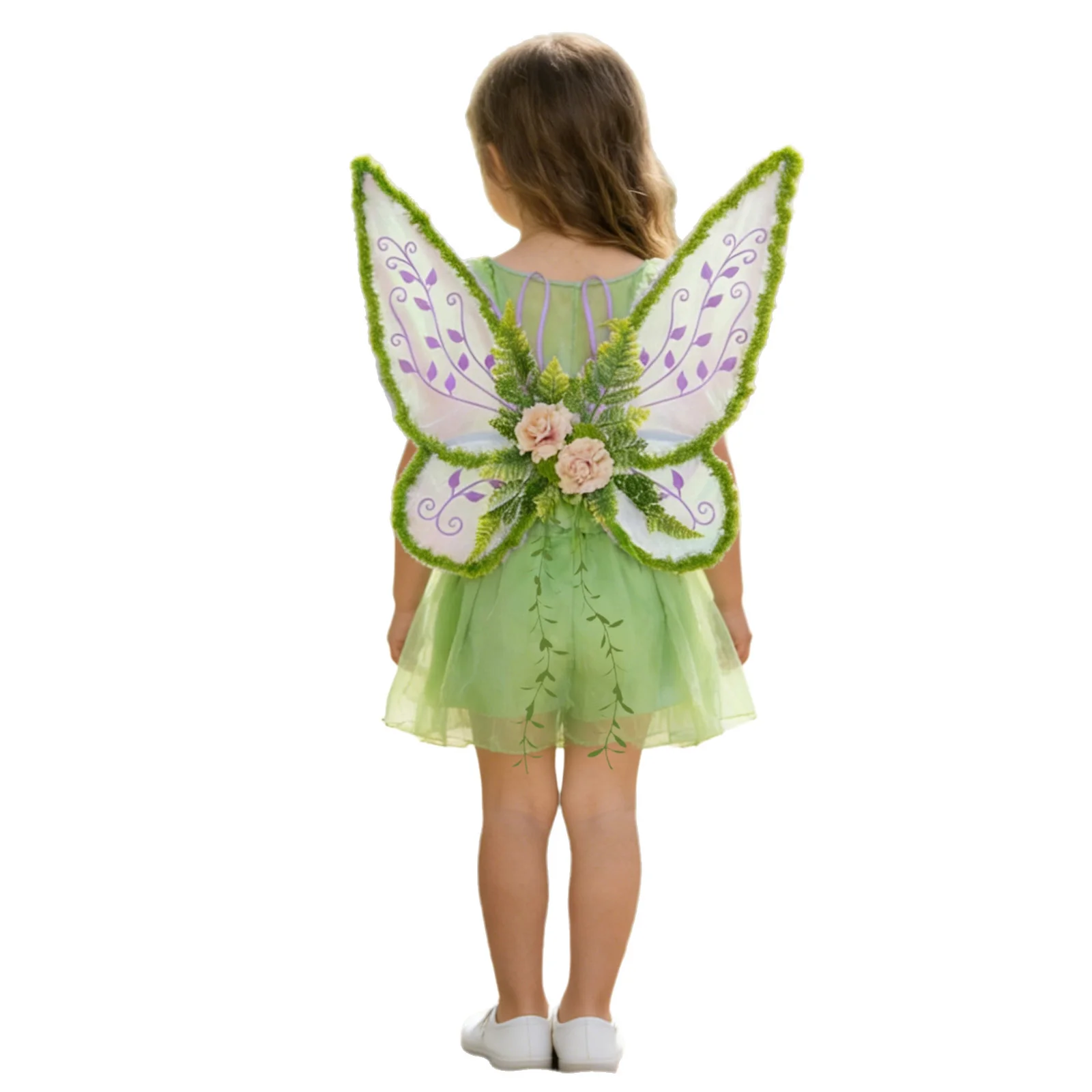어린이 소녀용 탄력 있는 반짝이 나비 모양 요정 날개, 가랜드와 요정 지팡이 포함, 할로윈 코스프레용