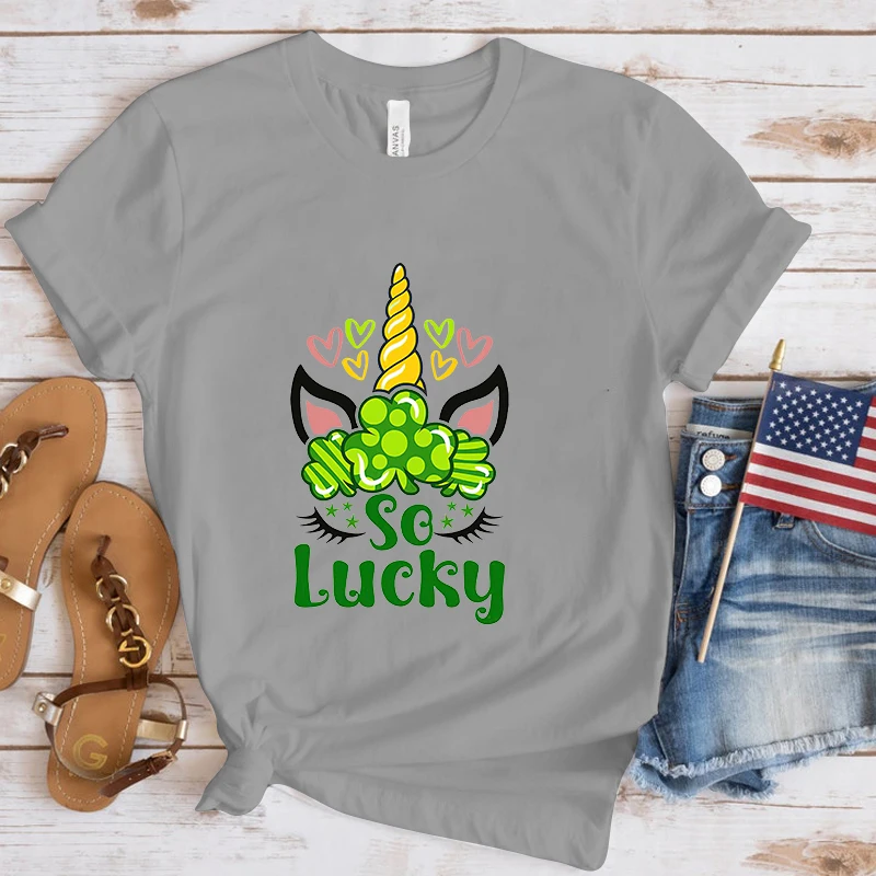 St. Patrick'S Day Unicorn So Lucky Printing T-Shirt Fashion Unisex Short Sleeve Summer Cool Hip Hop Top Tee