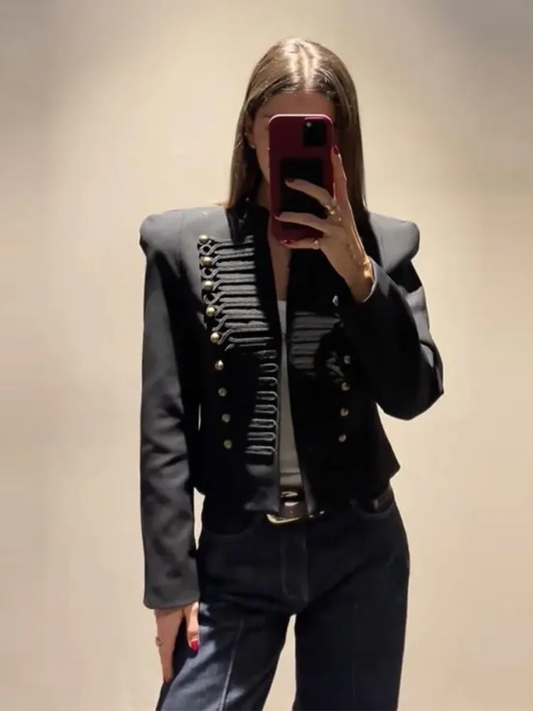 Frog Button Napoleon Short Jacket For Women 2026 Spring New Stand Collar Cropped Coats Fashion Long Sleeve Street Outerwear