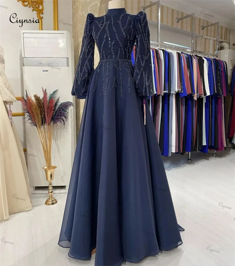 Ciynsia Elegant Muslim Long Sleeve Hijab Evening Dresses Emerald Green Formal Prom Gowns A-Line Beaded Organza Robes De Soirée