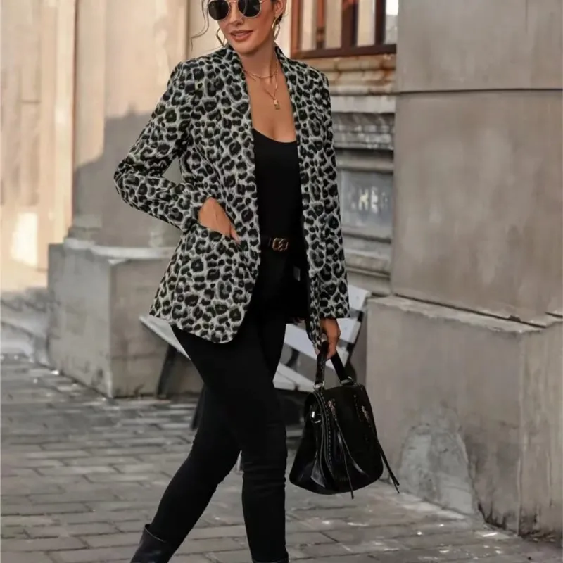 Women's sports jacket 2025 spring/summer fashion lady office sexy button top leopard print suit jacket women's lapel outerwear