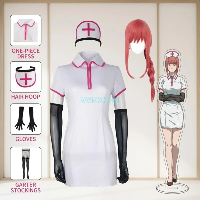 Anime Chainsow Man Cosplay Costume Makima Power Sexy Nurse Uniform Wig Gloves Stockings Set Halloween Dress Up Outfit Party