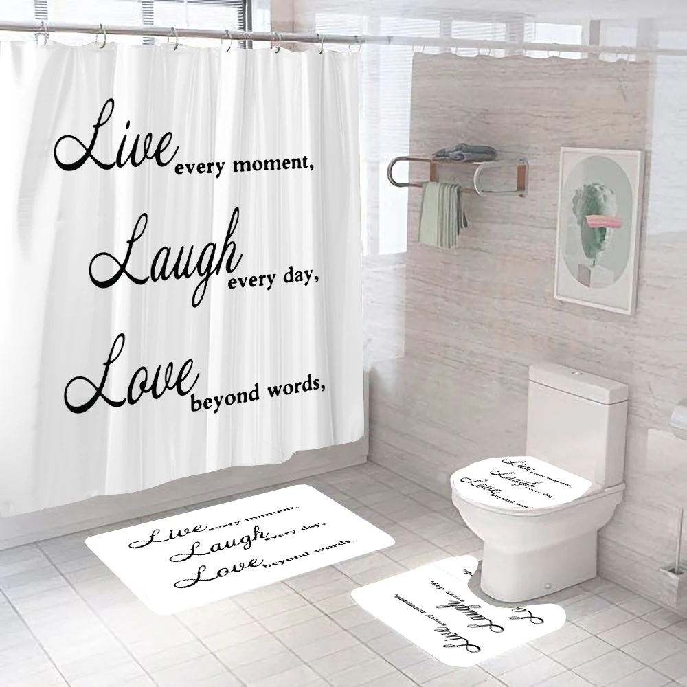 Black White Simple Art Inspirational Writing Print Shower Curtains Bathroom Curtain Set Anti-skid Rugs Toilet Cover Bath Mat Set