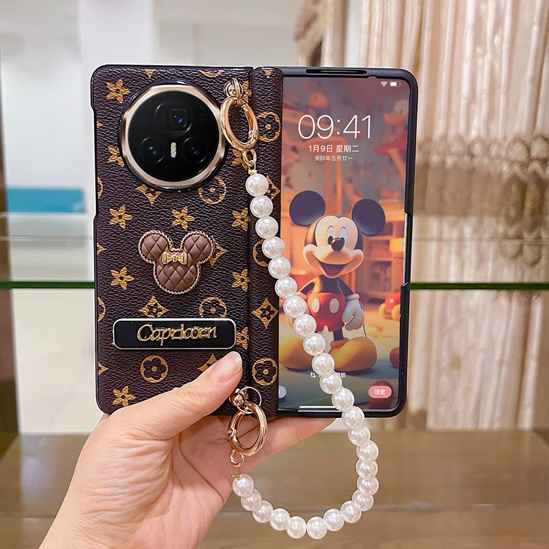 

Милый чехол с рисунком Микки для Honor Magic V3, складной с держателем, роскошный противоударный защитный чехол из искусственной кожи, аксессуары для телефона