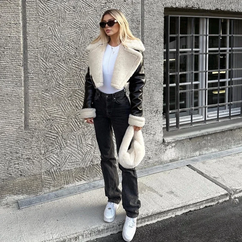 Chic Cropped Leather Jacket Women Motorcycle Jackets Streetwear Wool Faux Fur Coat Long Sleeve Zipper Warm Autumn Winter Clothin