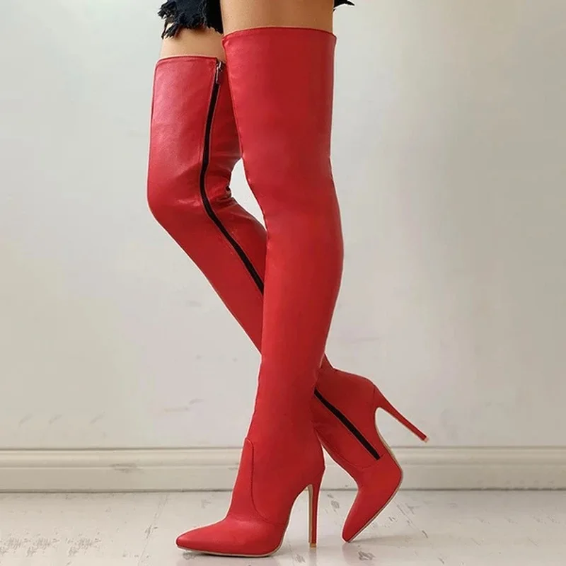 2021Foreign Trade Autumn and Winter New European and American Style Pointed-Toe Side Zip Stiletto Heel plus Size over the Knee B