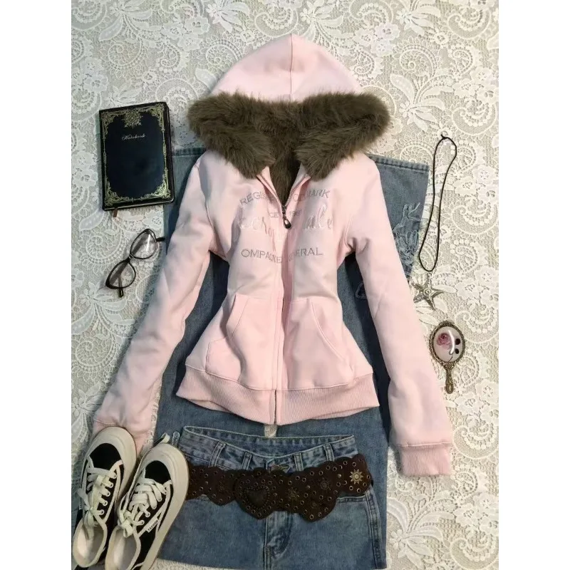 High Street Aesthetics Design Sense Niche American Vintage Pink Velvet Warm Hoodie Jacket Winter New Fashionable Top Women Coats