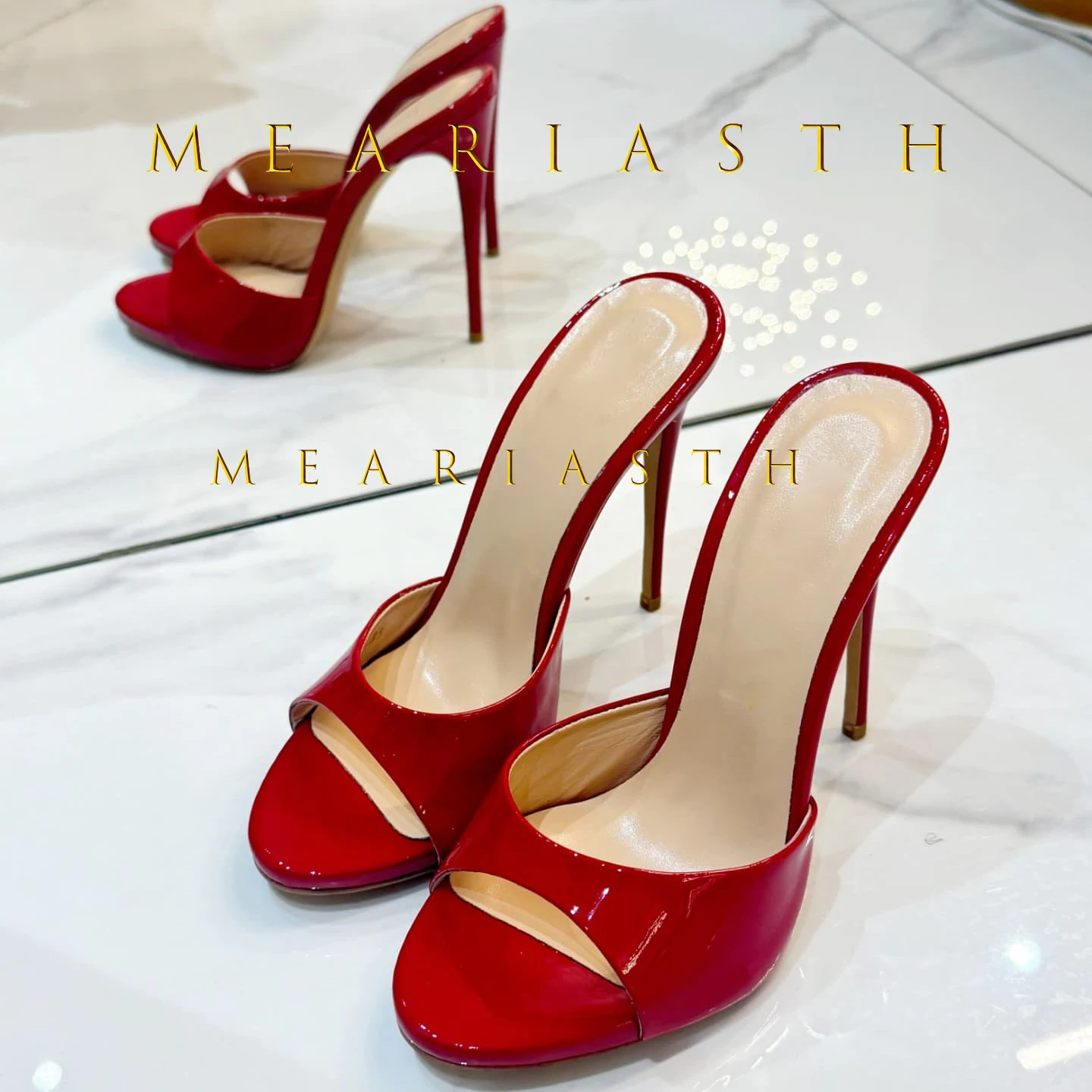 Red Patent Leather Stiletto Slippers Open Toe Solid Sexy High Heels Summer 2025 New Nightclub Outside Plus Size 44 Luxury Shoes