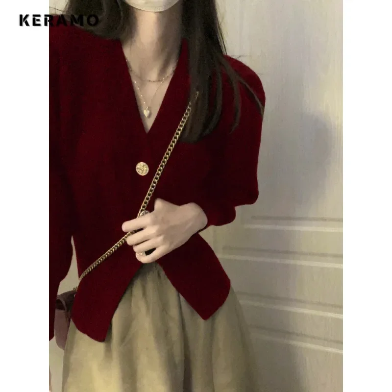 2023 inverno elegante Vintage scollo a v lavorato a maglia cardigan manica lunga donna dolce Casual solido monopetto femminile maglione sciolto