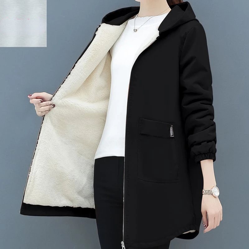 Gabardina con capucha de terciopelo para mujer, abrigo largo medio cálido, Tops coreanos para mujer, chaqueta delgada, prendas de vestir, otoño e invierno, nuevo, 2024