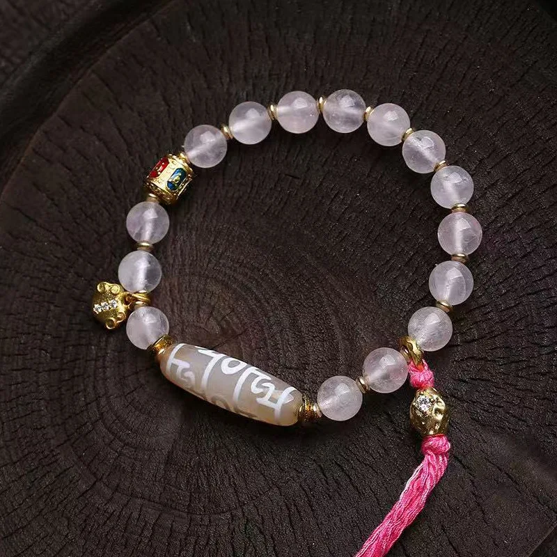Natural Pink Crystal Bracelet Lotus Master DharmaVessel Dzi Bead Nanhong Agate Crystal Turquoise Duo Treasure String Single Loop