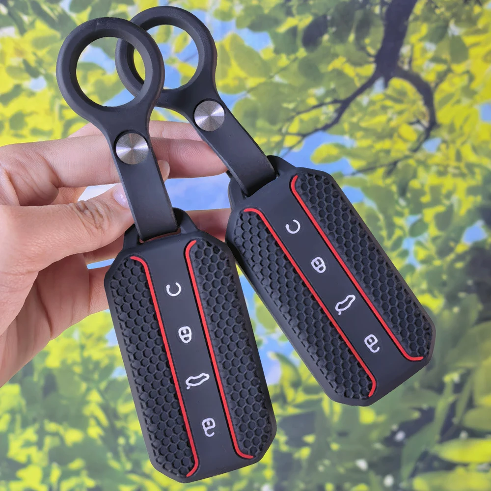 Honeycomb Red Line Silicone Key Shell withKeychain for Chery Jaecoo J5 J7 2025 2026,well fitted 4 button protector for smart key
