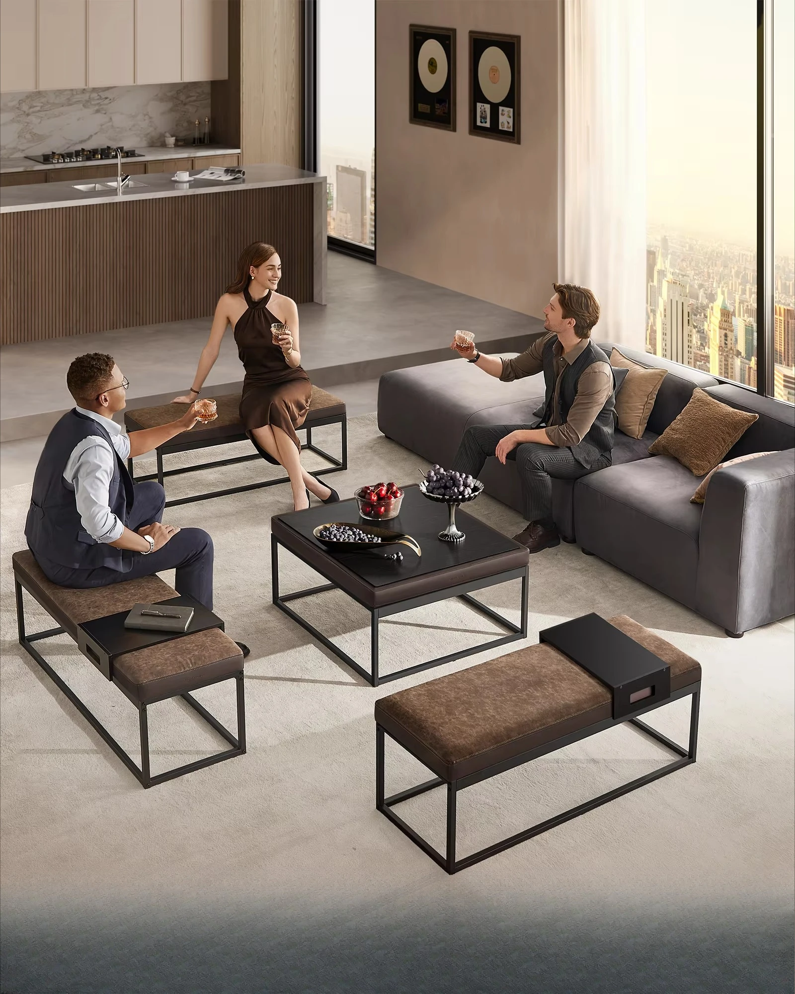 Simple footstool, thickened seat, walnut brown square coffee table, reversible top