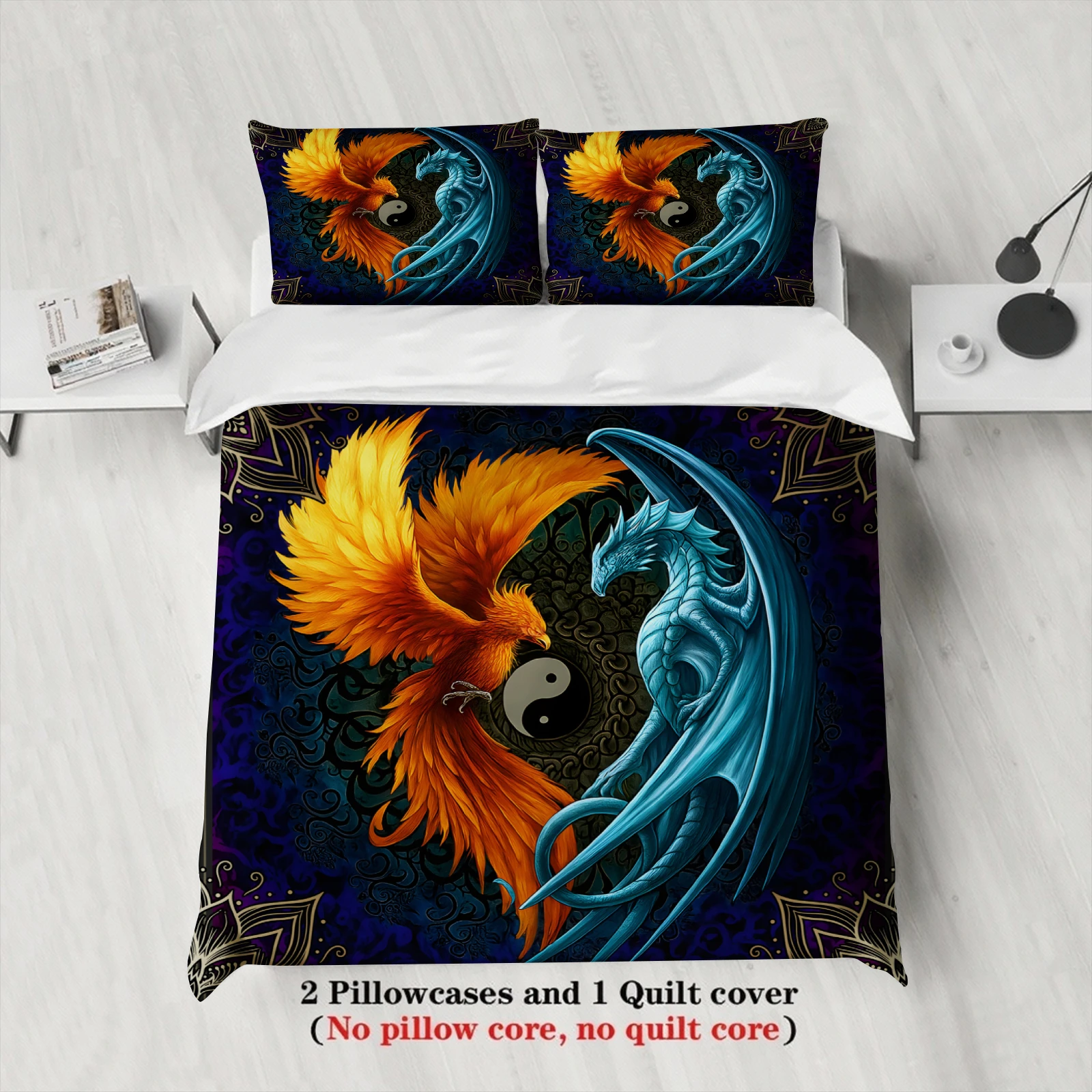 Duvet Cover Set Fantasy Fire Phoenix Ice Dragon 2 Pillowcases for Gaming Room Yin Yang Mythical Creature Decor Bedding Set Twin