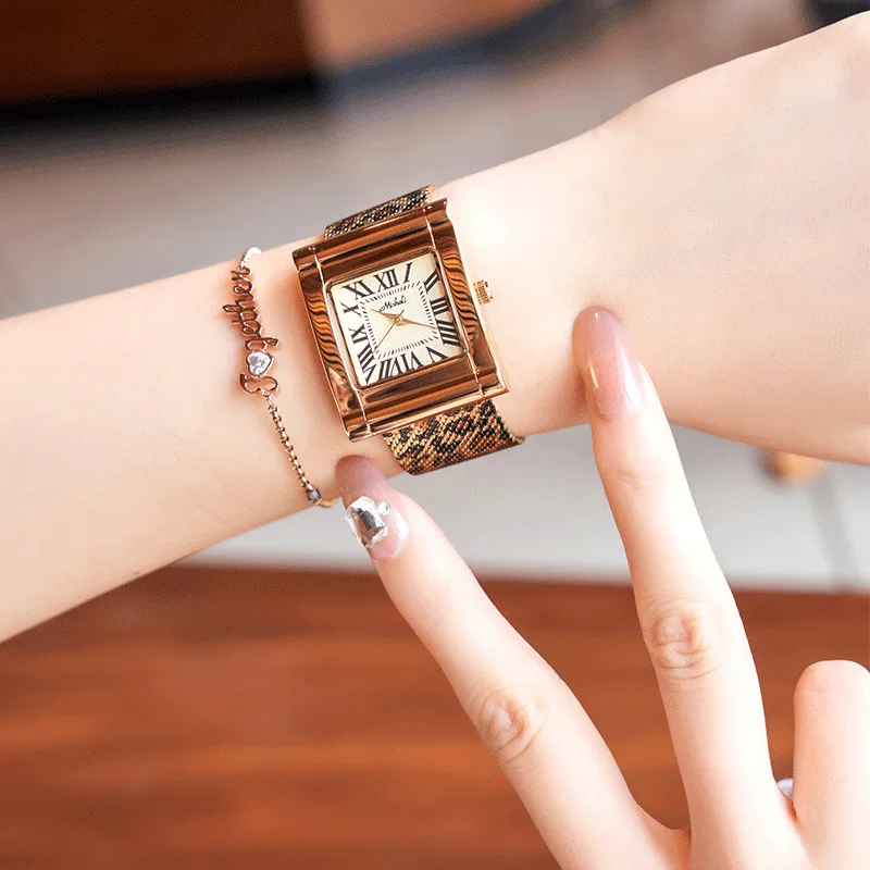 Luxury Rose Gold Stainless Steel Leopard Print Mesh Belt Quartz Wristwatches Watch for Women Gift for Girls