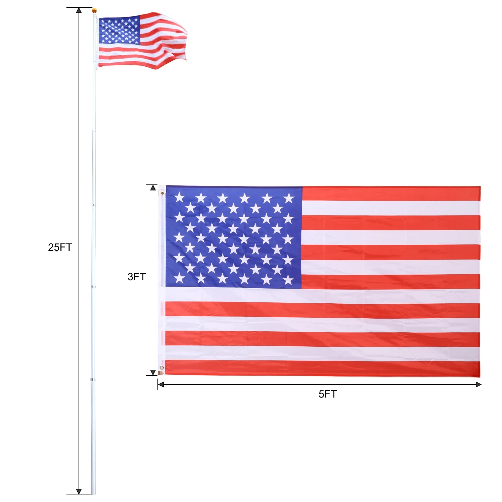 25FT Telescopic Aluminum Flag Pole Kit, Extra Thick Heavy Duty Inground Flagpole with US Flag & Gold Ball Topper, Outdoor Yard Residential Commercial Flagpole Set