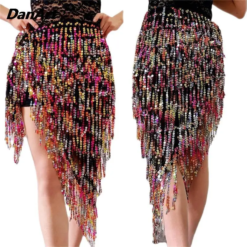 

New Belly Dance Practice Suit Women's Wrapped Skirt Ladies Tassels Sequins Waist Chain Skirt Girl's Inspired Performance Suit