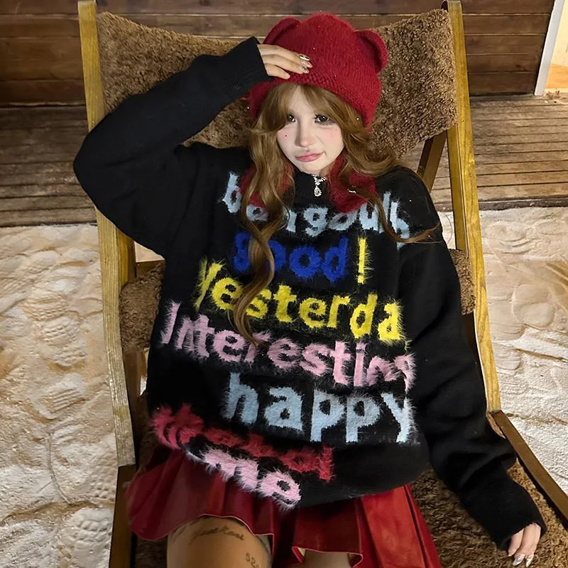 文字が刺繍されたカラフルなセーター,ヴィンテージ,カジュアル,シックなトップス,原宿,y2k,e-girlsレインボーエステティック,キュートでキュート