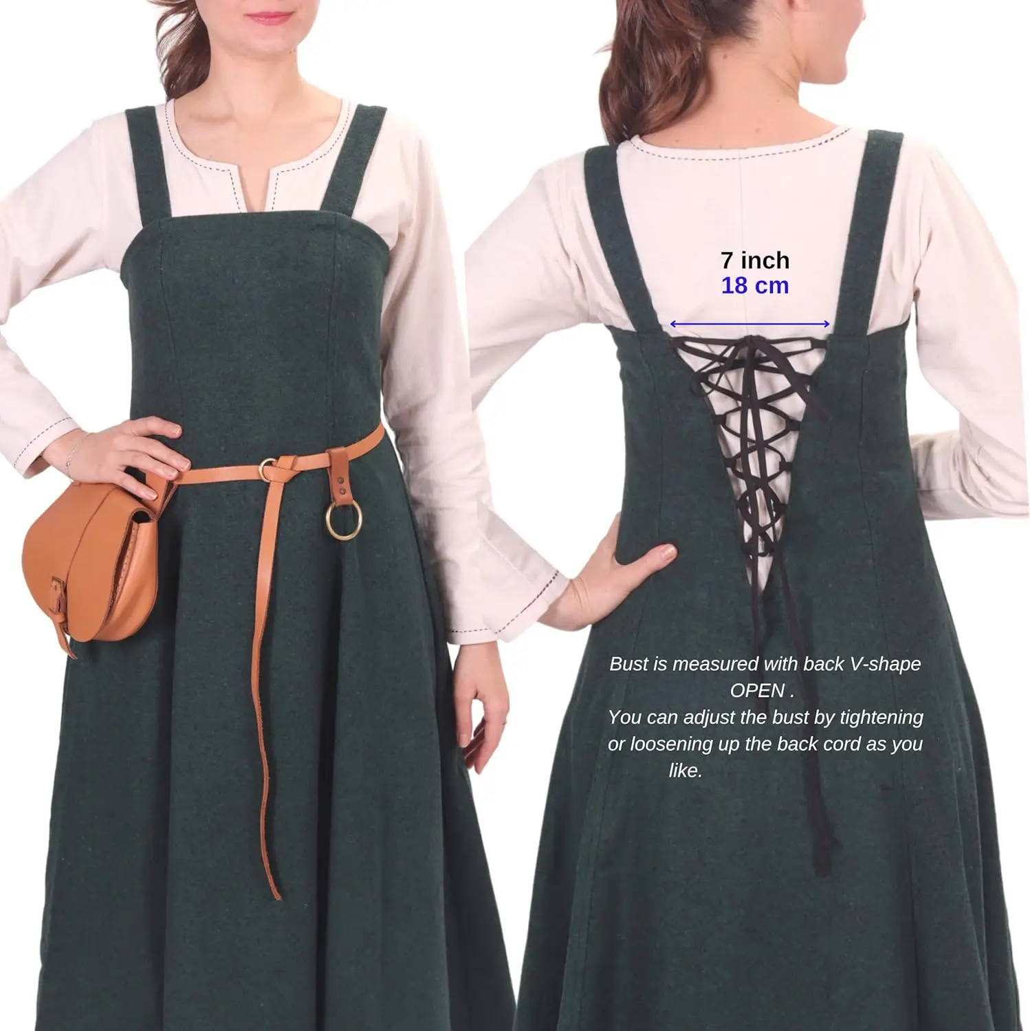 Two Piece Set Medieval Viking Apron Overdress with Laced  Medieval Classic Vintage Retro Vogue Flare Sleeve Tunic Dress Ladies