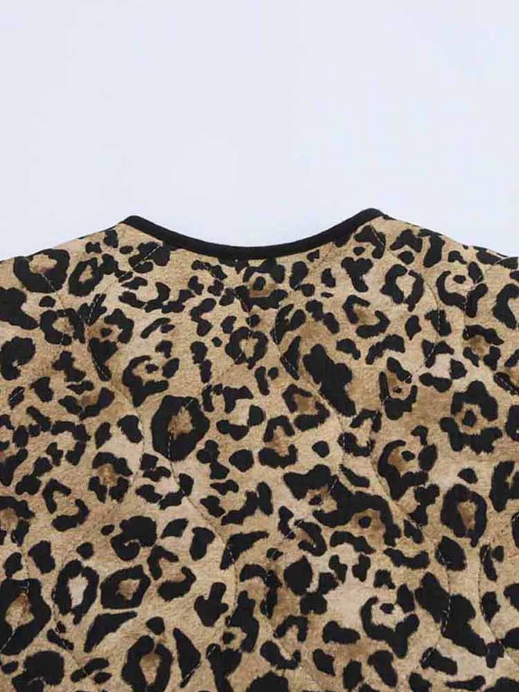 Vintage Leopard Cotton Coat Women Loose O-neck Long Sleeve Single Breasted Pockets Jacket 2024 Autumn New Lady Casual Outwear