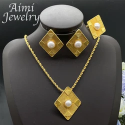 Golden 18K Gold Plated Jewelry Set Necklace Pendant Earring Rings Luxury Fashion Women Party Bridal Wedding Anniversary Gifts