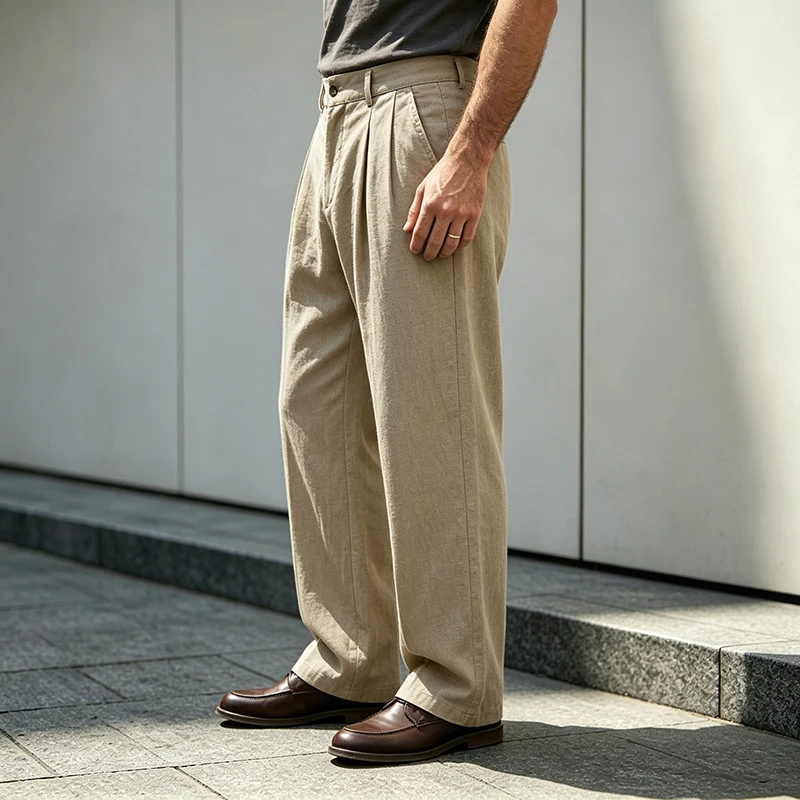 Men's Loose Fit Linen Trousers Casual Straight Leg Pleated Pants Lightweight Breathable for Work Commute Vacation Daily Wear