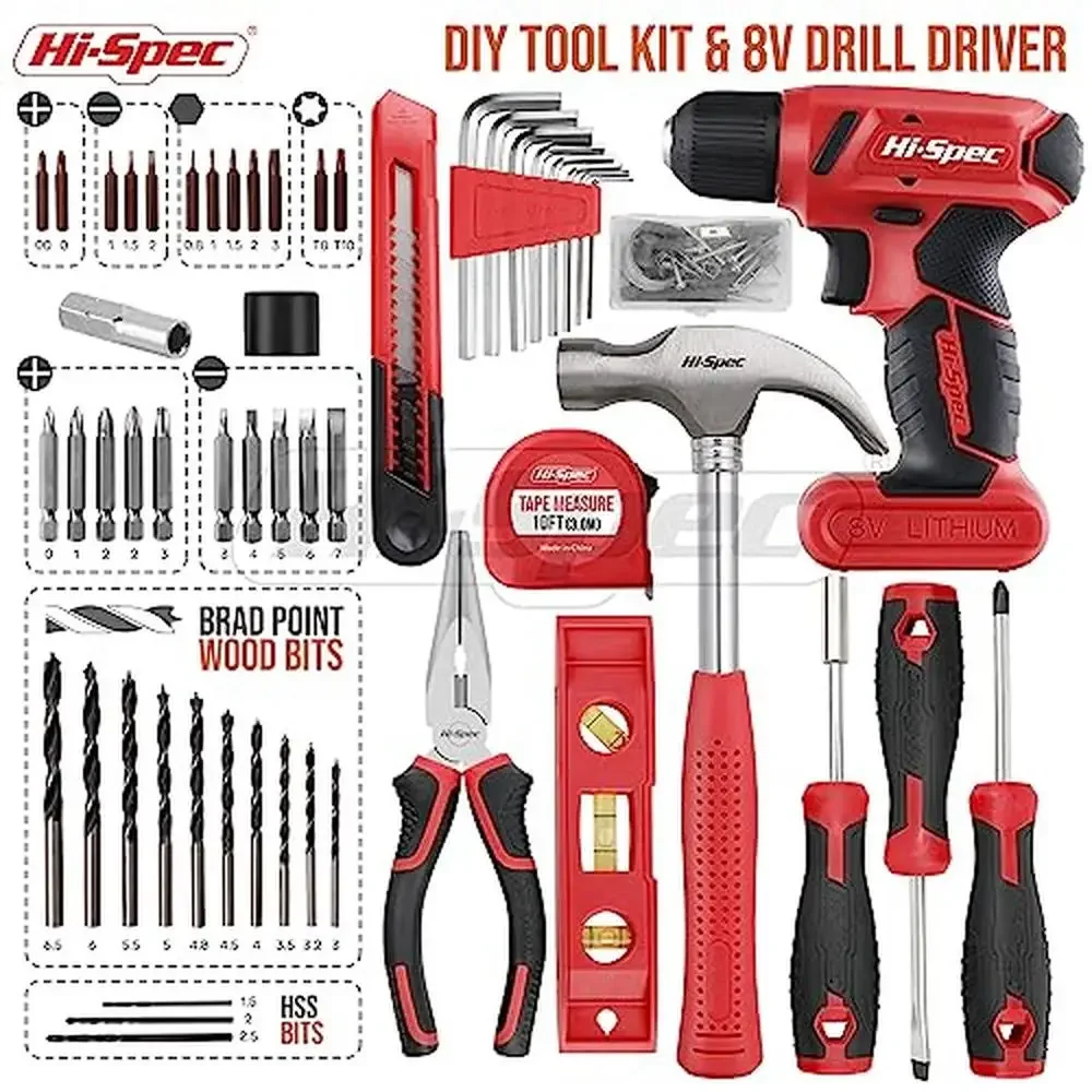 58pc DIY Screwdriver & Tool Set 8V Compact Cordless Drill Driver S2 Steel Bits USB Rechargeable Home Repairs