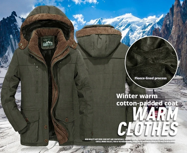 Men's Winter Jacket Parka Plus Velvet Thick Multi Pocket Jackets Solid Parkas Male Plus Size Windproof Fleece Warm Thick Coats