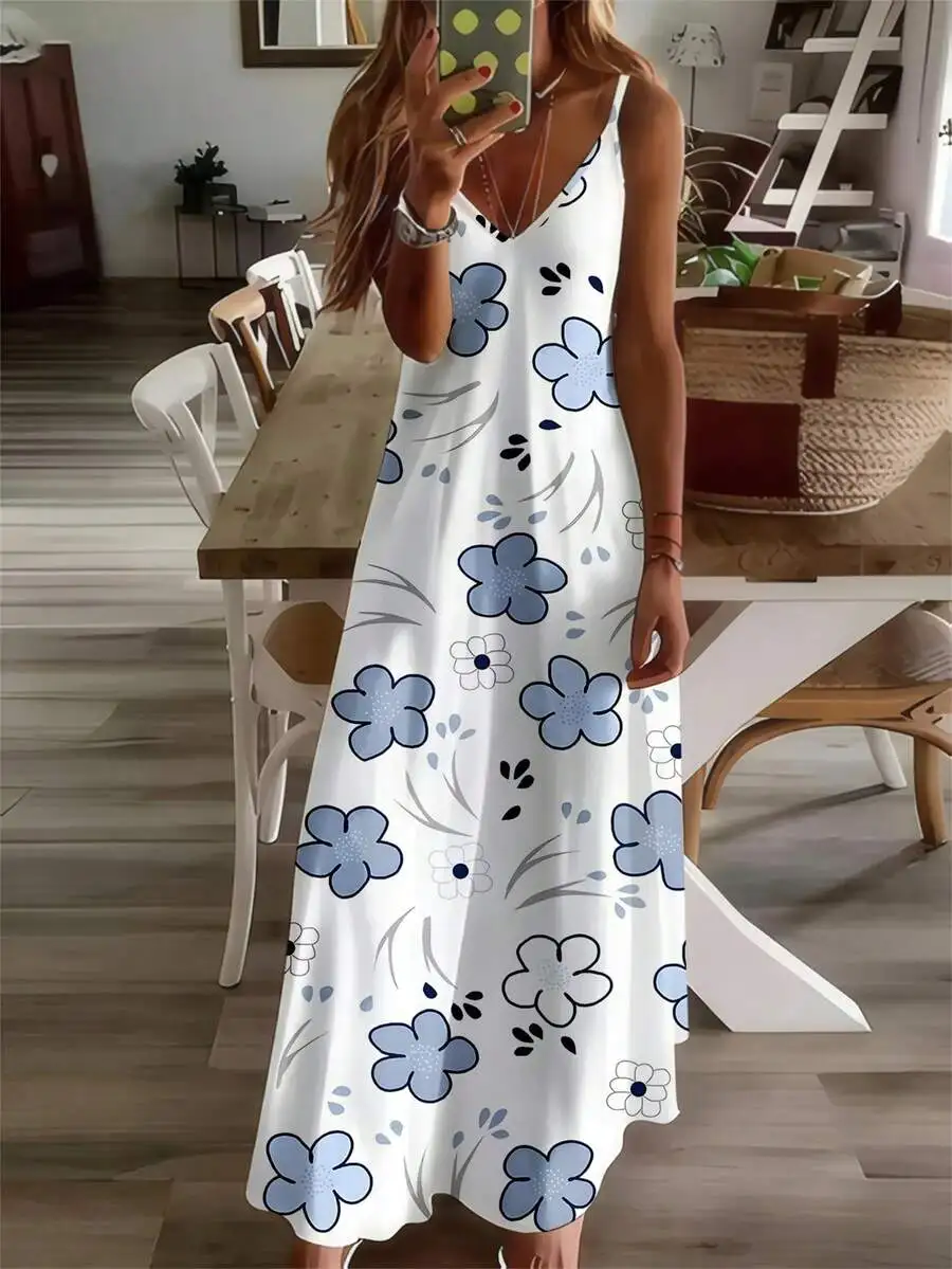 

WomenS Summer Floral Print Maxi Dress V Neck Sleeveless Loose Boho Beach Holiday Party Dress