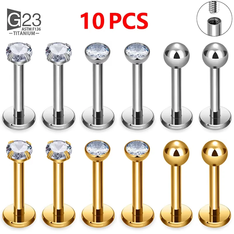 10Pcs ASTM F136 Titanium 2/3/4mm CZ Labret Stud 16G Tragus Helix Cartilage Conch Flatback Earlobe Piercing Body Jewelry