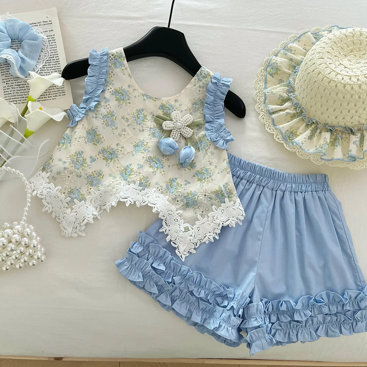 

Fashion Baby Children 3pcs Birthday Princess Clothes Tops Shirts+shorts+hats 2025 Girls Kids Summer Clothing Set Lace Flowers