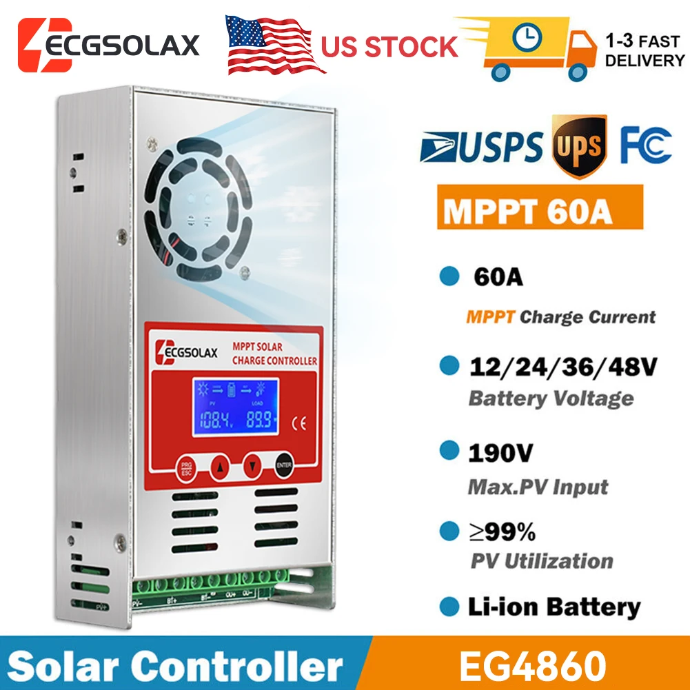 US Stock ECGSOLAX 60A MPPT Solar Charge Controller 12V 24V 36V 48V LifePo4 Battery Charging Controller For Lead Acid Lithium Batteries Solar Panel Controller Max PV 150VDC
