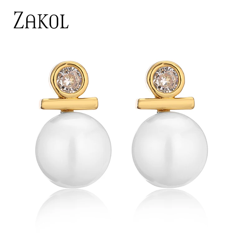 ZAKOL Cute Round Imitation Pearl Stud Earrings Exquisite Simple Cubic Zirconia Engagement Wedding Jewelry for Women