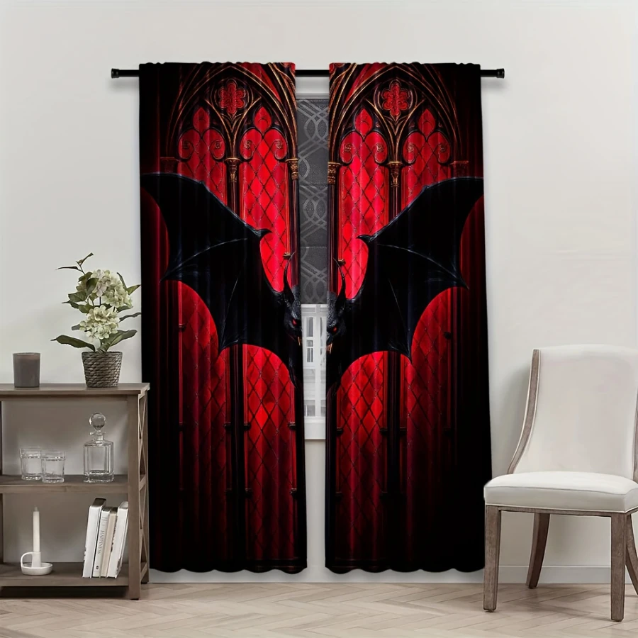 2PCS Digital Printed Curtains, Zombie Skull Cartoon Pattern, Horror Style Rod Pocket Drapes for Bedroom Living Room Decor