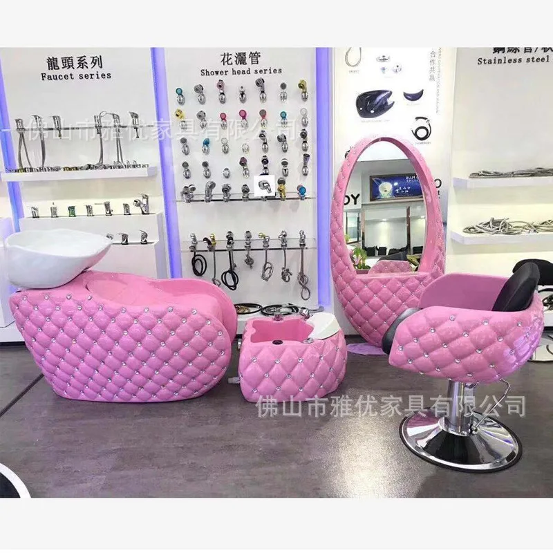 

Barber shop with drill fiberglass shampoo bed hair chair hair mirror table set foreign trade cross-border sitting flush bed