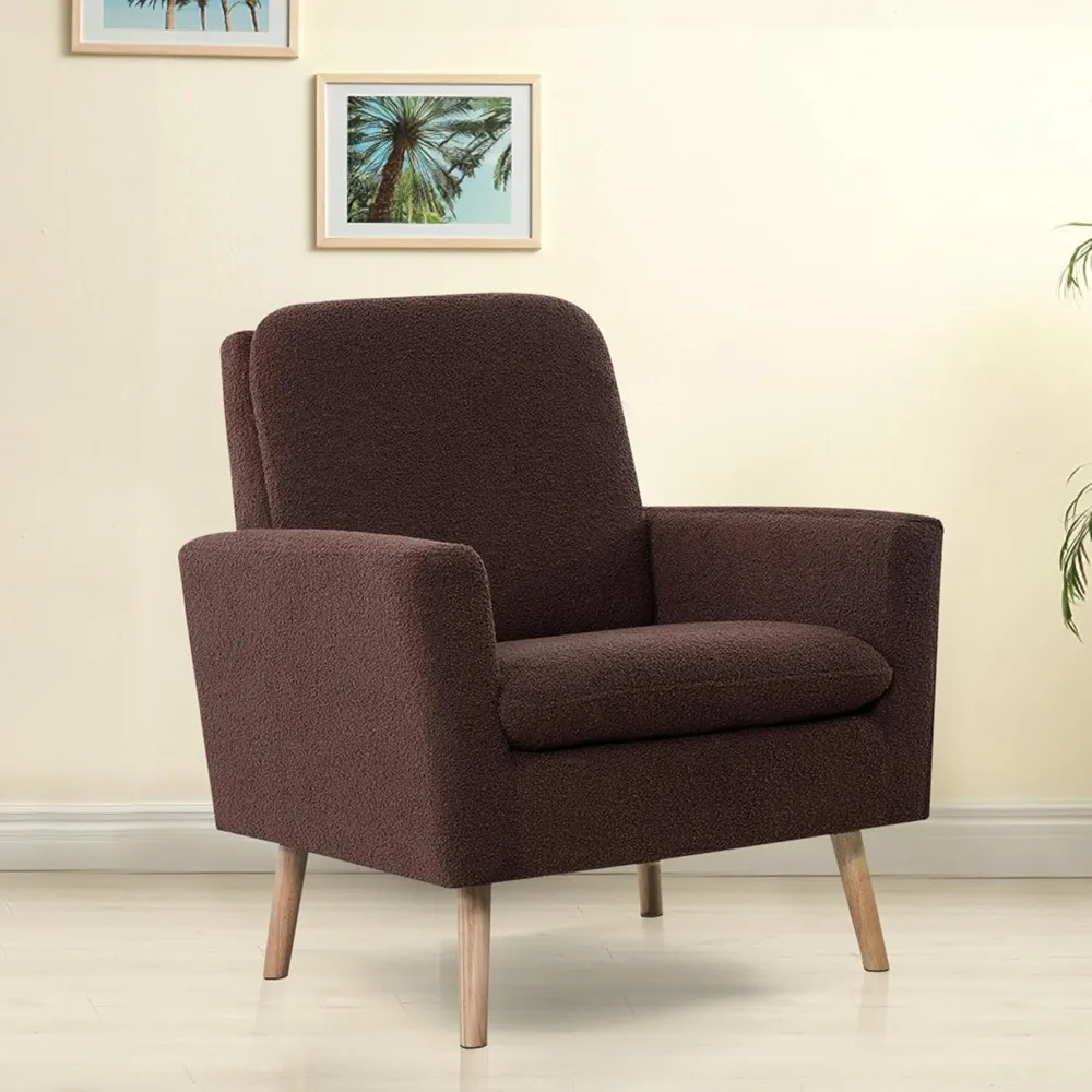 

Mid-Century Modern Chair, Durable Wood Frame Accent Chairs for Living Room, Reading Chair with armrest, Soft Teddy Fleece