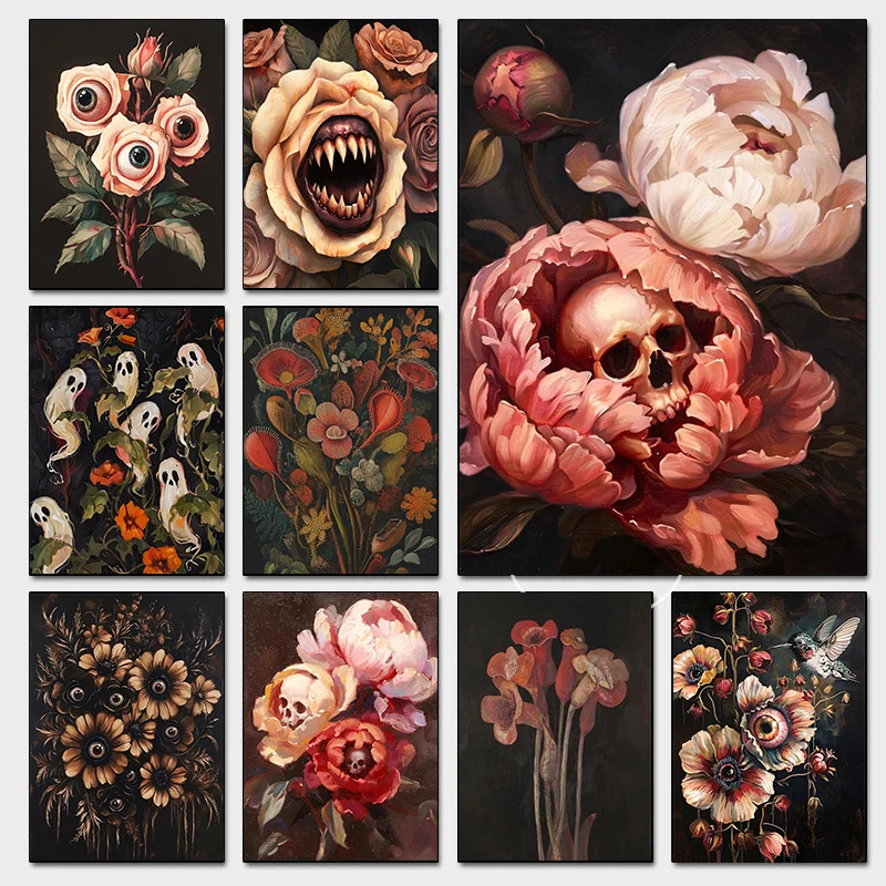 Surreal Skull Flower Gothic Posters Botanical Floral Eyeball Rose Vampire Prints Canvas Painting Wall Pictures Home Room Deco