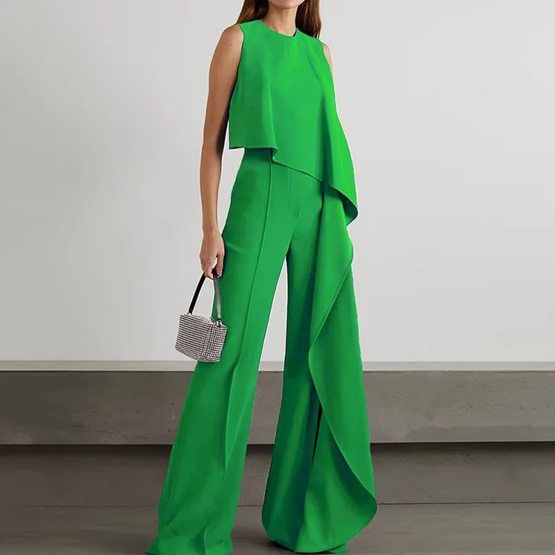 

Women's Summer Events Sleeveless Asymmetric Crew Neck Jumpsuit Flowy Wide-Leg Pants